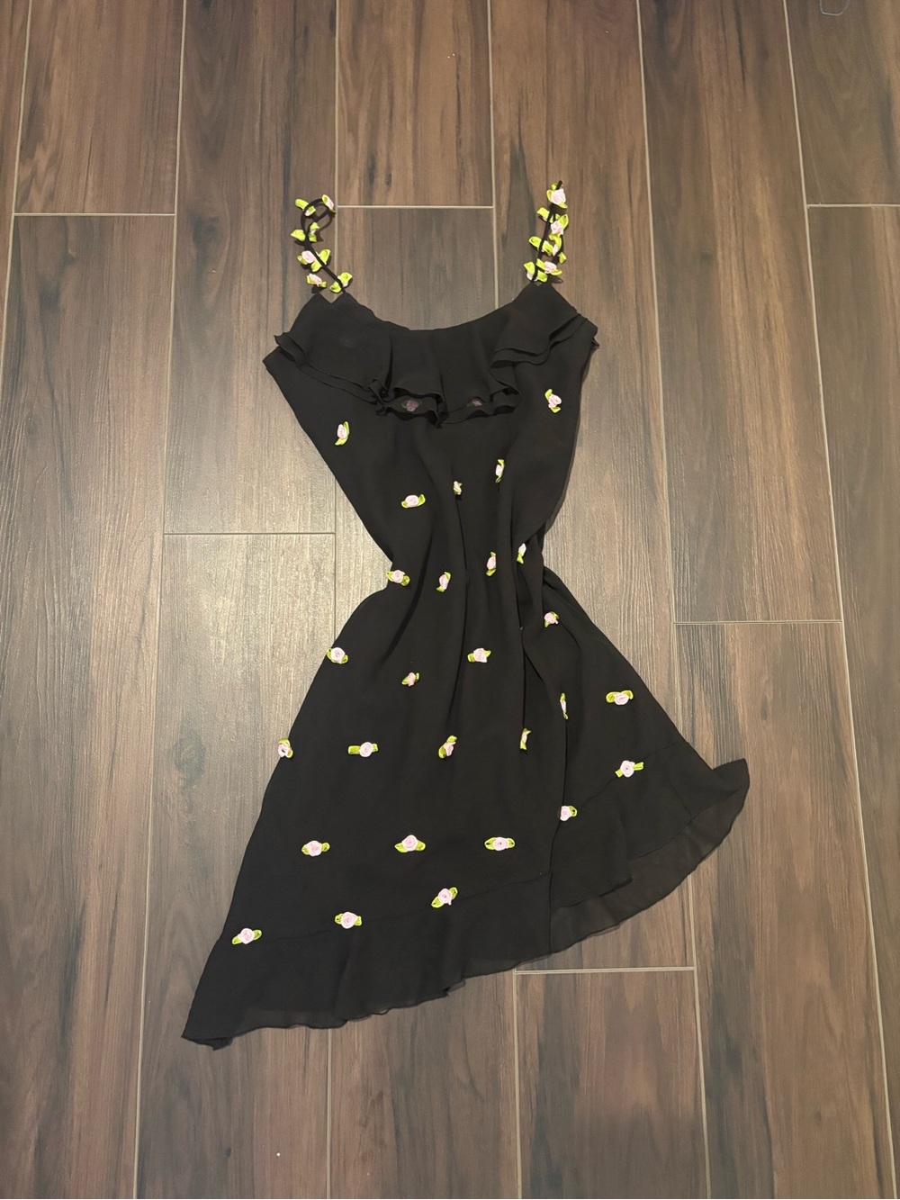 Sugar Thrillz Black Ruffle Slip Dress with Lime & Pink Floral Embroidery